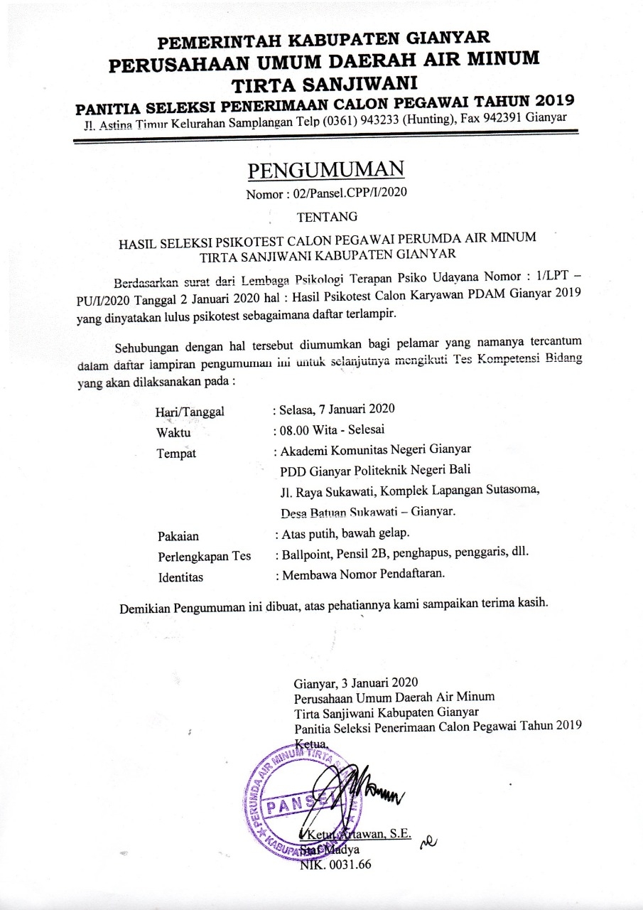 Hasil Seleksi,Seleksi Psikotest,Hasil Seleksi Psikotest Calon Pegawai,Pengumuman,Pengumuman Hasil Seleksi